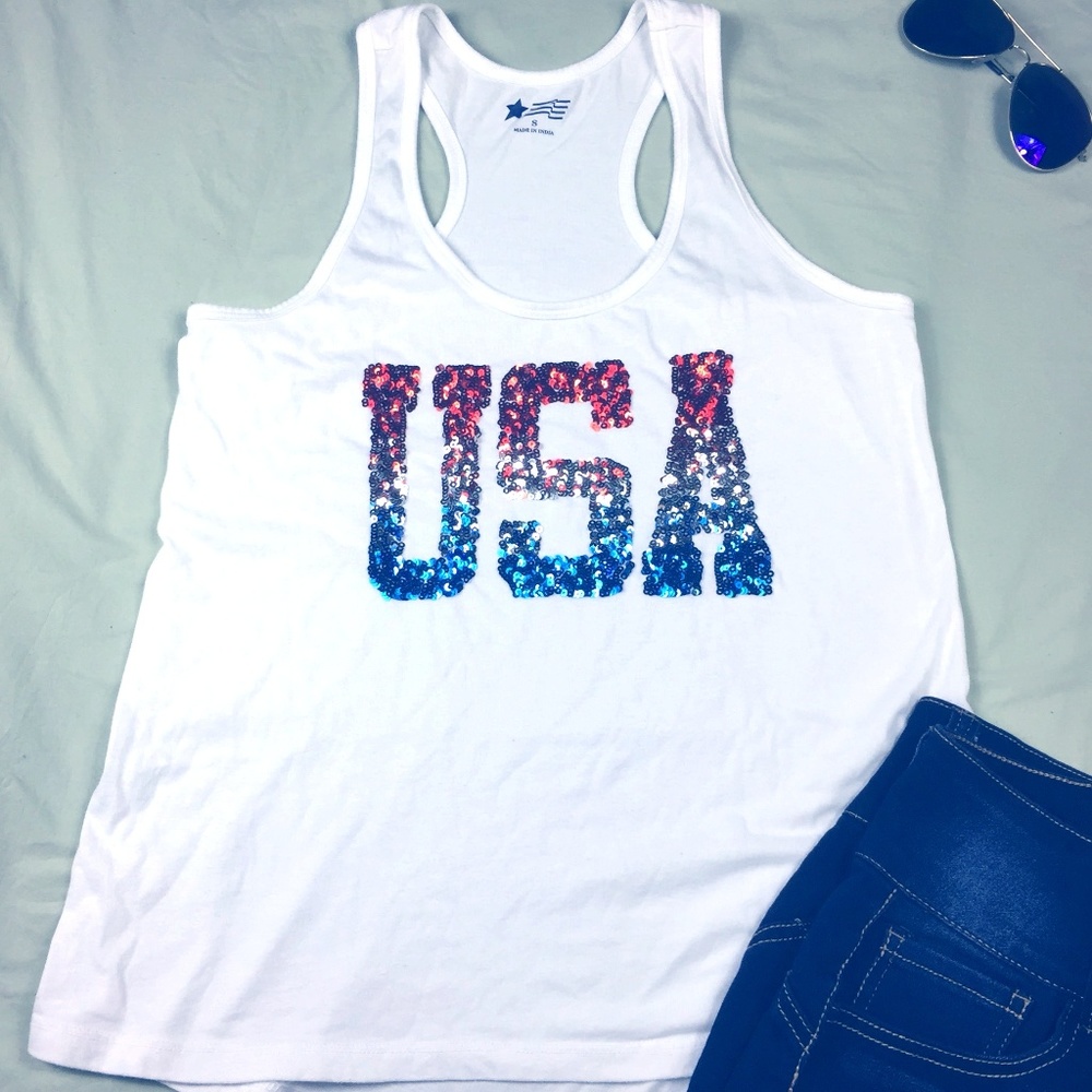 Celebrate 4th of July USA sequined white tank sz S